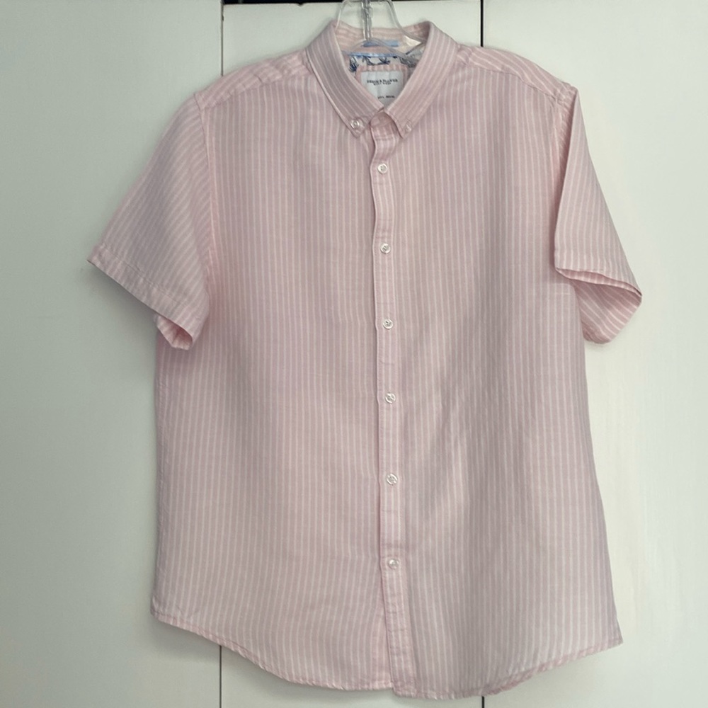 Men’s DENIM & FLOWER Pink & White Short Sleeved Button Down Shirt Sz L